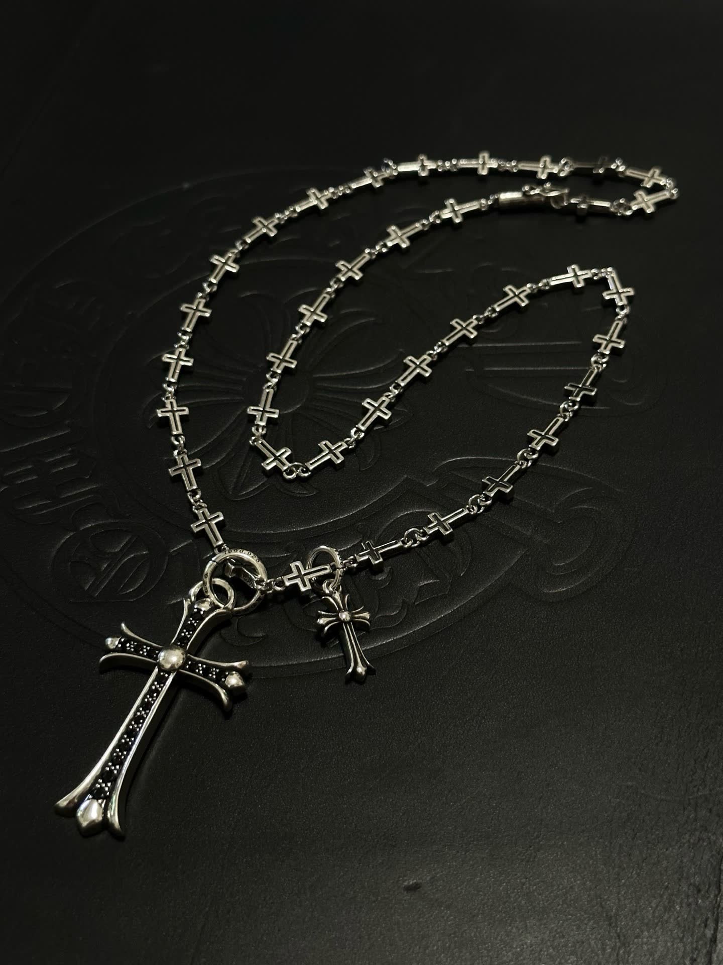 Chrome Hearts Silver Cross Necklace with Black Inlay